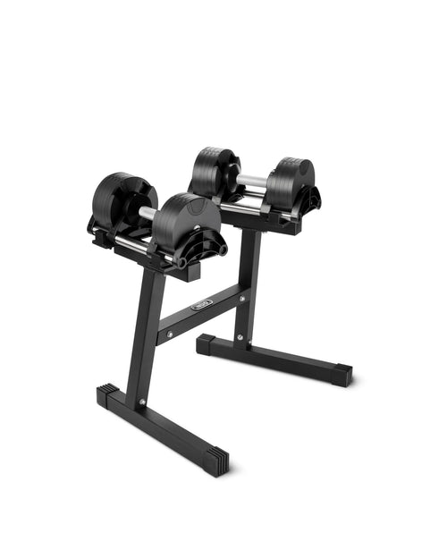 NÜOBELL Floor Stand—sturdy, space-saving stand designed to securely hold NÜOBELL adjustable dumbbells, perfect for organized and efficient home gym setups.