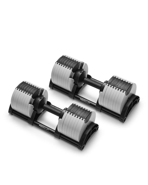 NÜOBELL 232 adjustable dumbbell in Ash color, featuring a sleek Scandinavian design, compact form, and easy weight adjustment for versatile home strength training.