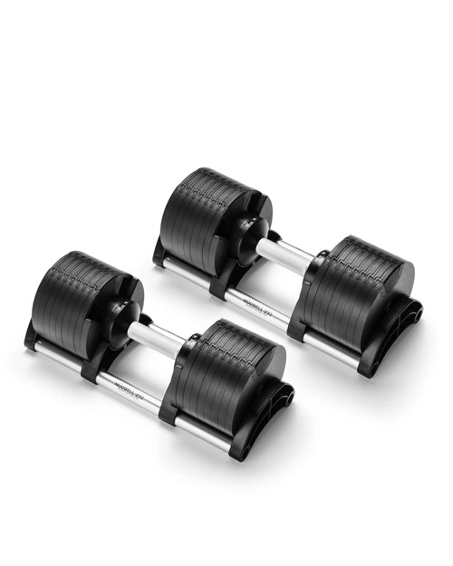 NÜOBELL 232 Silver adjustable dumbbell—sleek, compact design in metallic silver, offering multiple weight options for versatile and space-saving strength training at home.