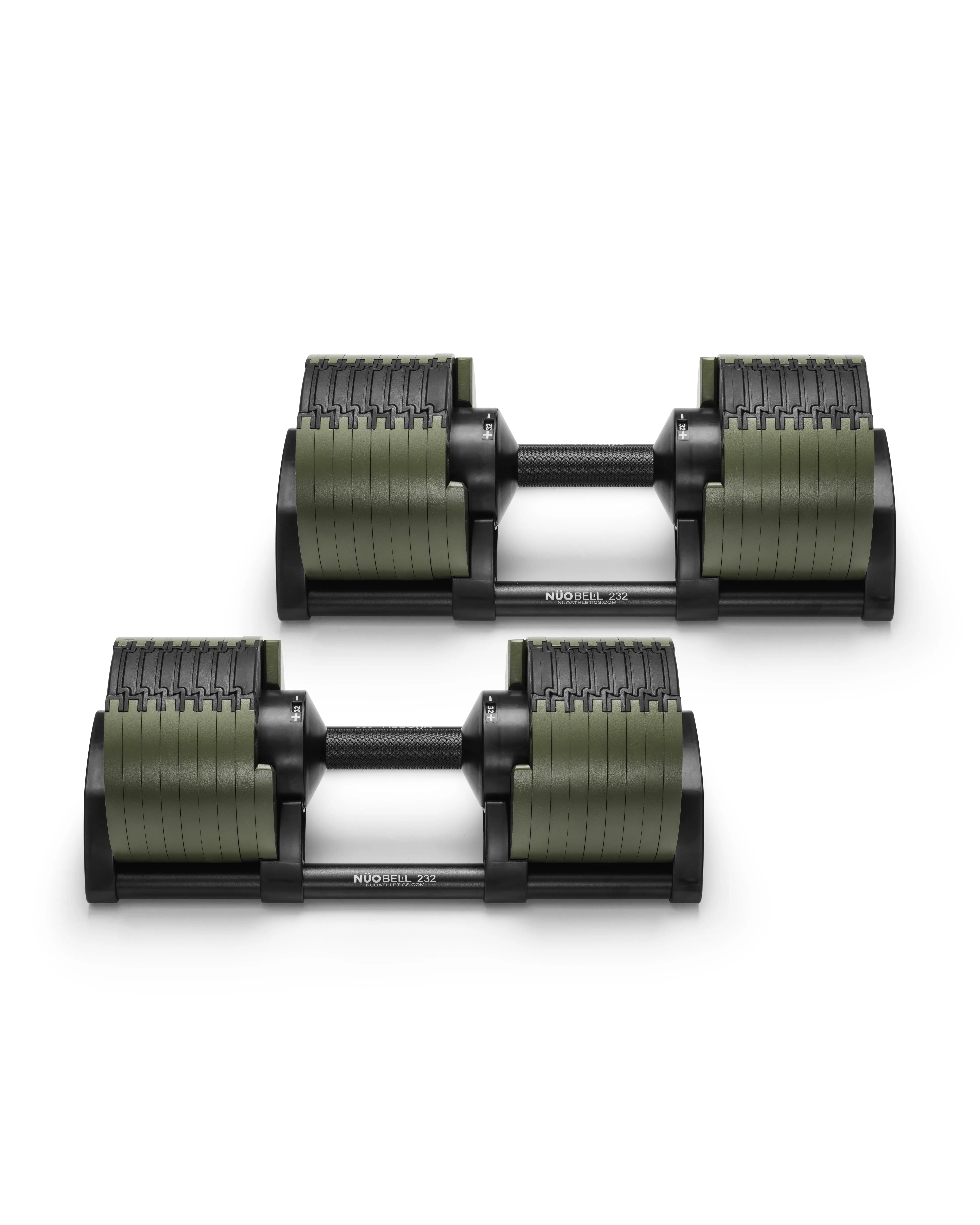 NÜOBELL 232 adjustable dumbbell in Green, modern and compact for home gyms, offering quick weight adjustment and premium quality for effective strength training.
