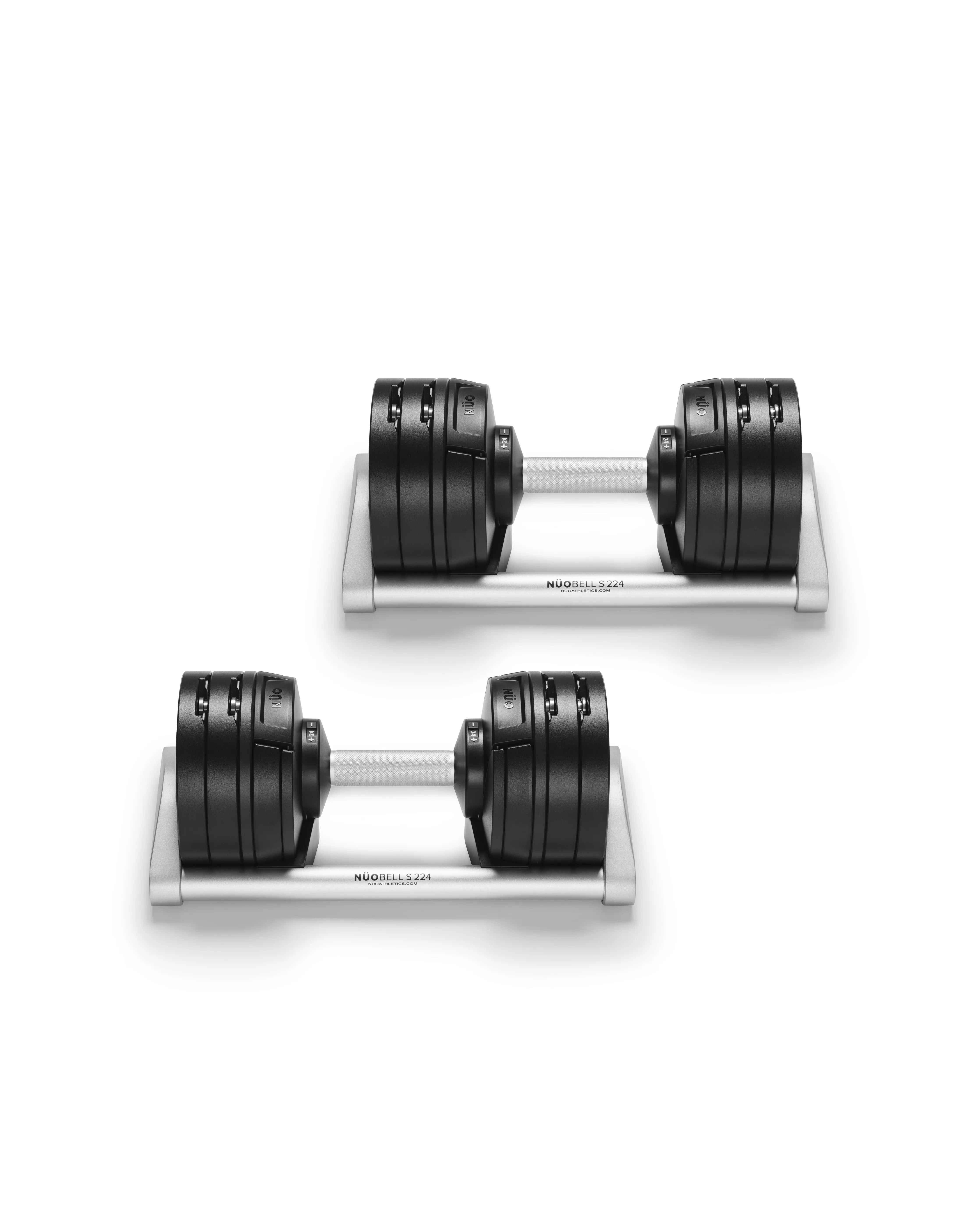 NÜOBELL S 224 adjustable dumbbell in Silver – premium, compact design for home gyms, featuring easy weight adjustments and a modern metallic finish.