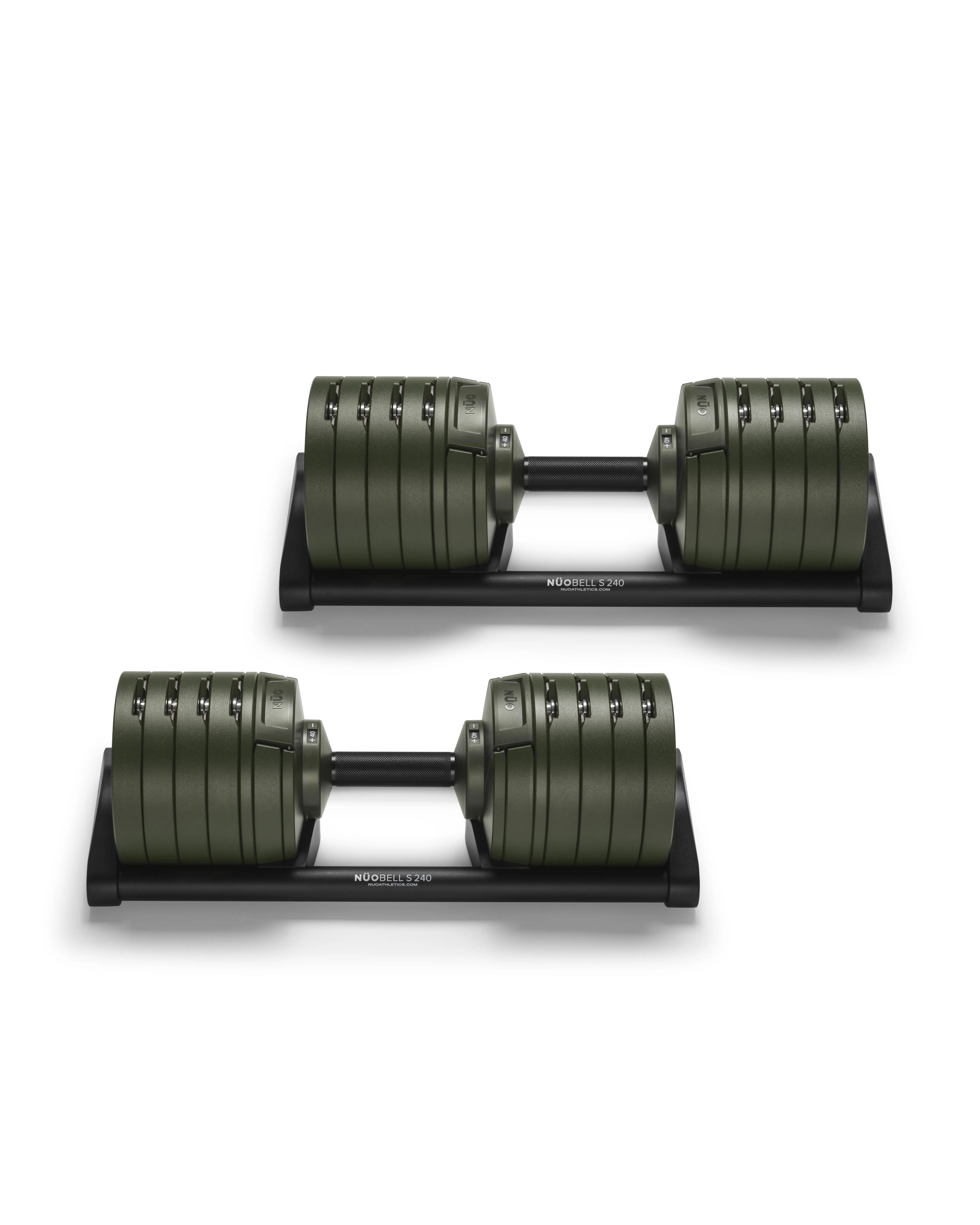 NÜOBELL S 240 adjustable dumbbell in Forest green – space-saving, premium dumbbell with Swedish design, perfect for home gym strength training and versatile workouts.