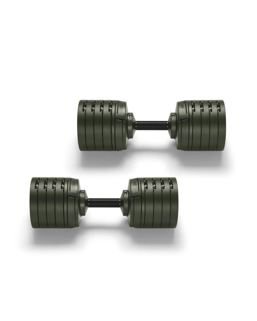 NÜOBELL S 240 adjustable dumbbell in Forest green – space-saving, premium dumbbell with Swedish design, perfect for home gym strength training and versatile workouts.