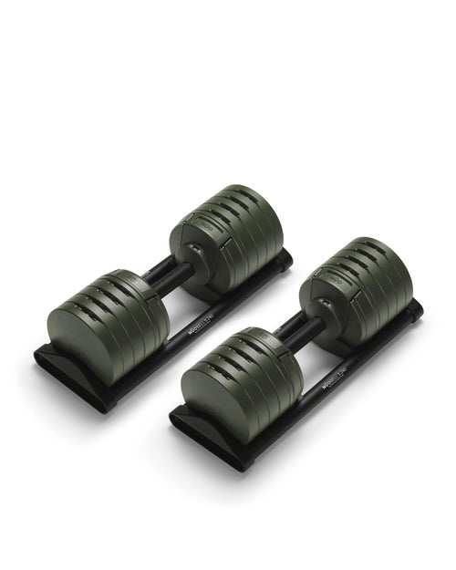 NÜOBELL S 240 adjustable dumbbell in Forest green – space-saving, premium dumbbell with Swedish design, perfect for home gym strength training and versatile workouts.