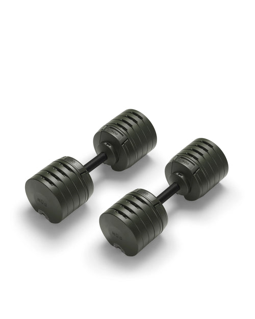 NÜOBELL S 240 adjustable dumbbell in Forest green – space-saving, premium dumbbell with Swedish design, perfect for home gym strength training and versatile workouts.