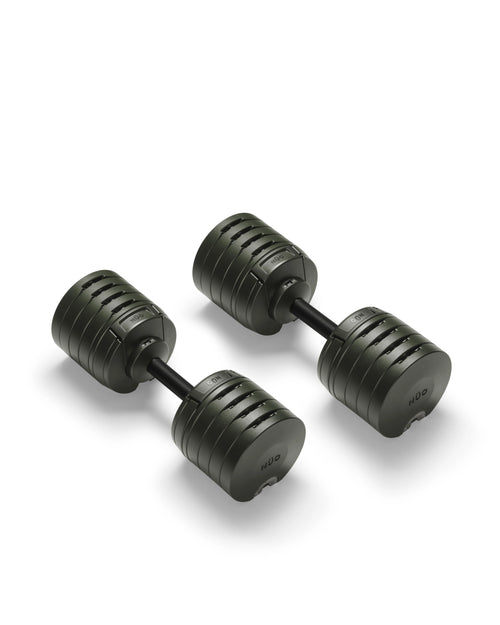 NÜOBELL S 240 adjustable dumbbell in Forest green – space-saving, premium dumbbell with Swedish design, perfect for home gym strength training and versatile workouts.