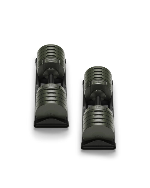 NÜOBELL S 240 adjustable dumbbell in Forest green – space-saving, premium dumbbell with Swedish design, perfect for home gym strength training and versatile workouts.