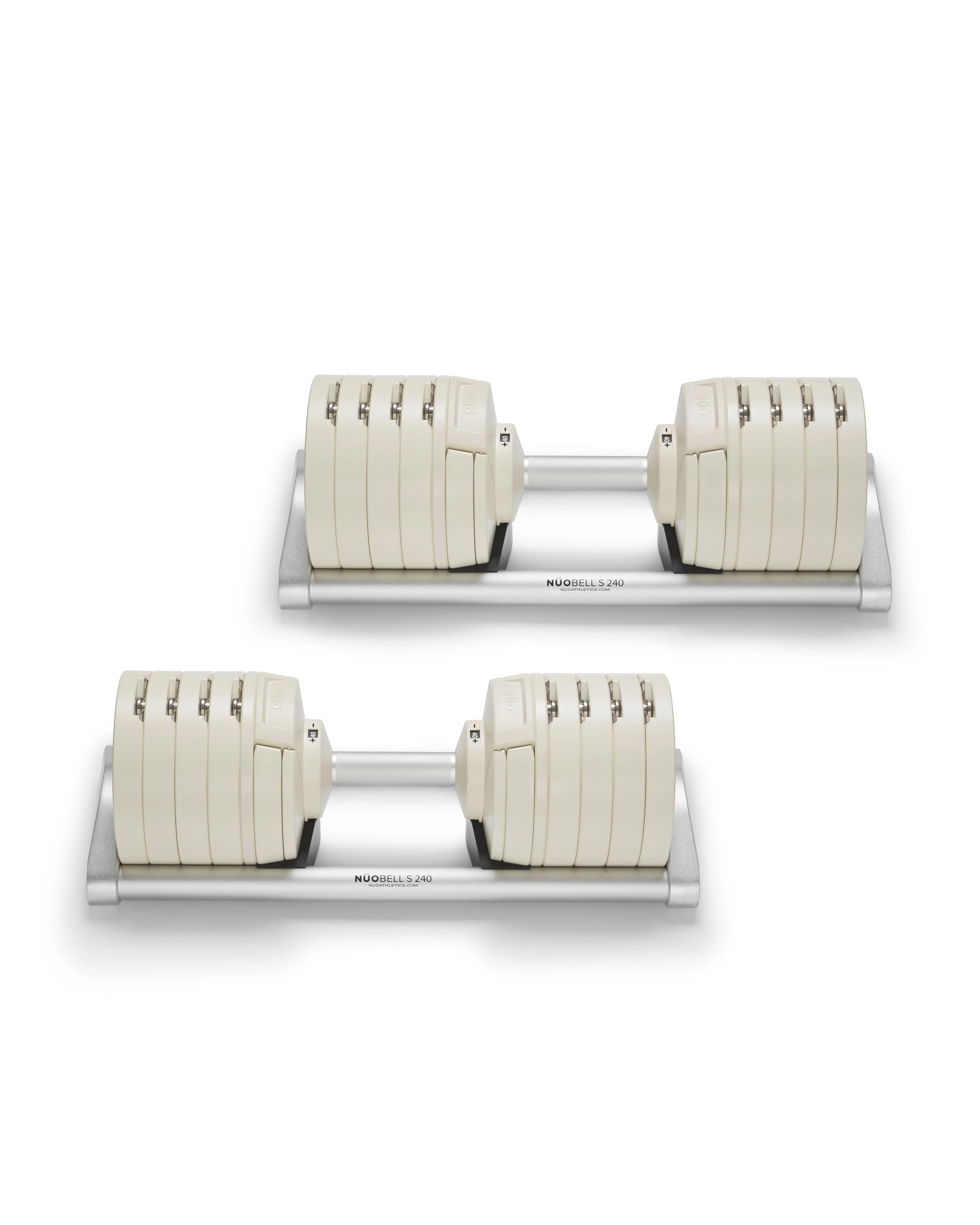 NÜOBELL S 240 adjustable dumbbell in Sand color – compact, versatile dumbbell designed for space-saving strength training at home, featuring a modern Swedish design.