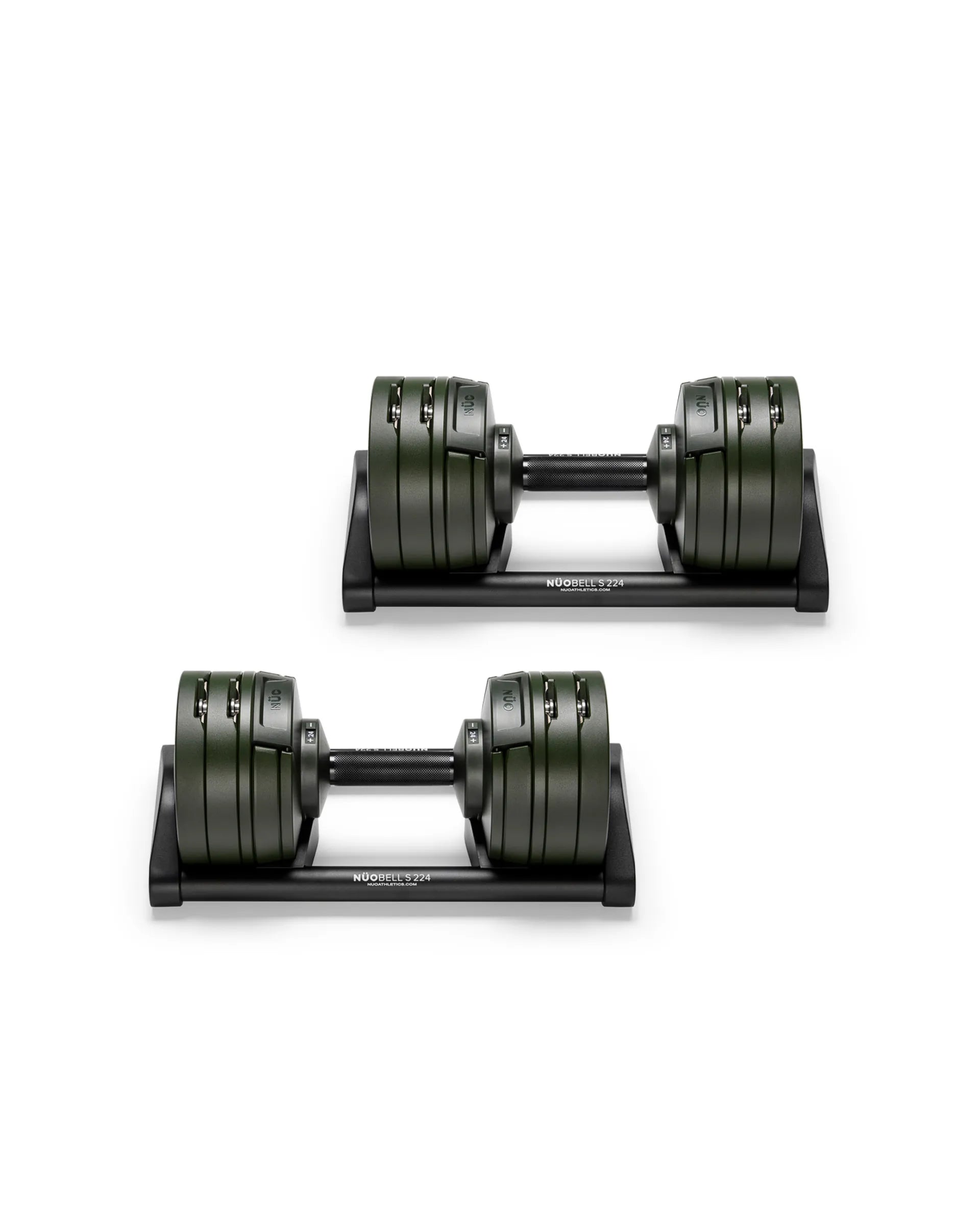 NÜOBELL S 224 Forest adjustable dumbbell in green, compact design for home gym strength training.