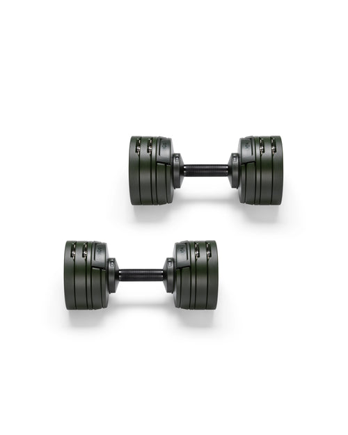 NÜOBELL S 224 Forest adjustable dumbbell in green, compact design for home gym strength training.