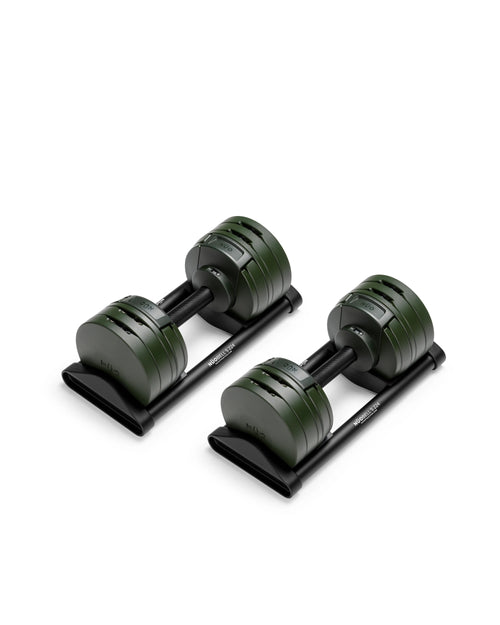 NÜOBELL S 224 Forest adjustable dumbbell in green, compact design for home gym strength training.