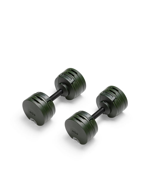 NÜOBELL S 224 Forest adjustable dumbbell in green, compact design for home gym strength training.