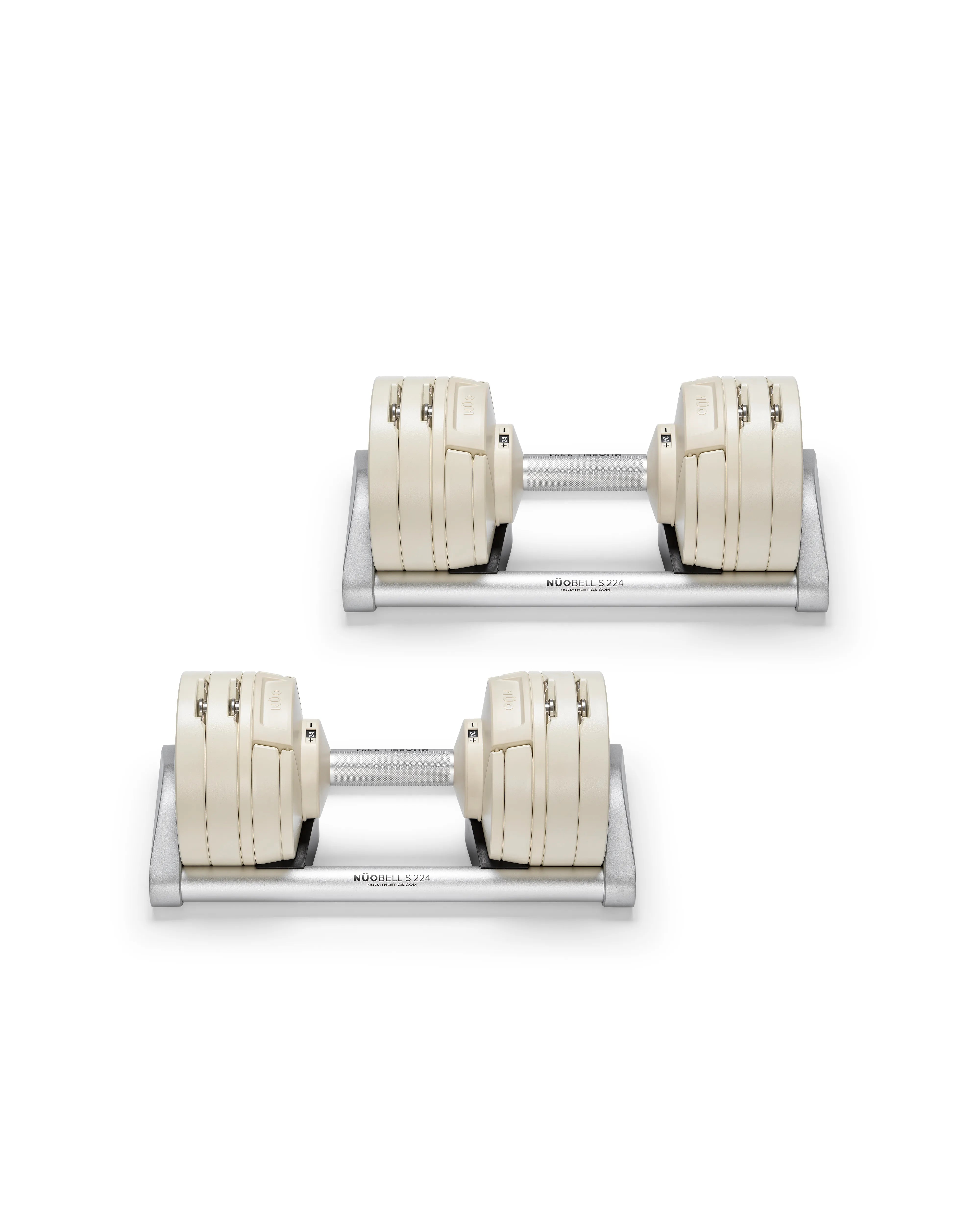 NÜOBELL S 224 Sand adjustable dumbbell in beige, space-saving design for home gym strength workouts.