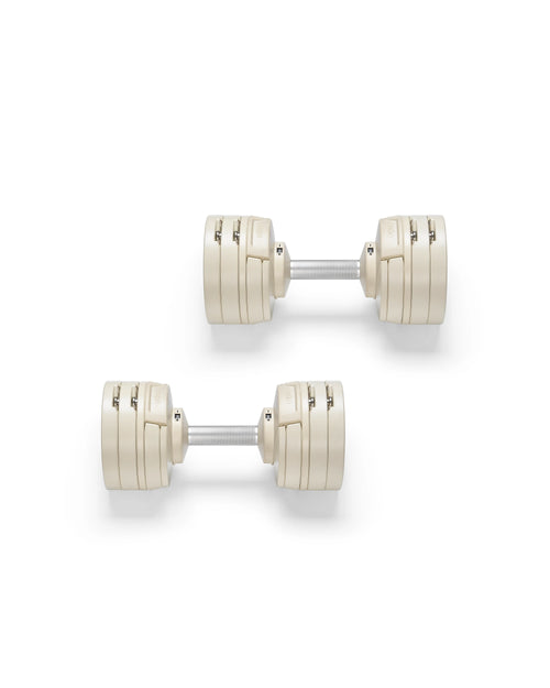 NÜOBELL S 224 Sand adjustable dumbbell in beige, space-saving design for home gym strength workouts.