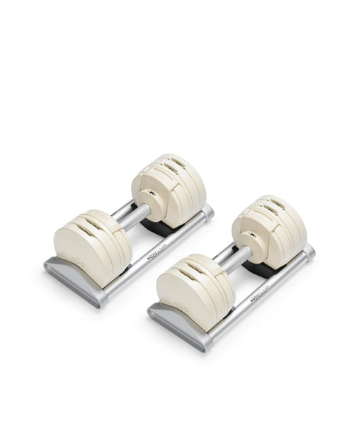 NÜOBELL S 224 Sand adjustable dumbbell in beige, space-saving design for home gym strength workouts.
